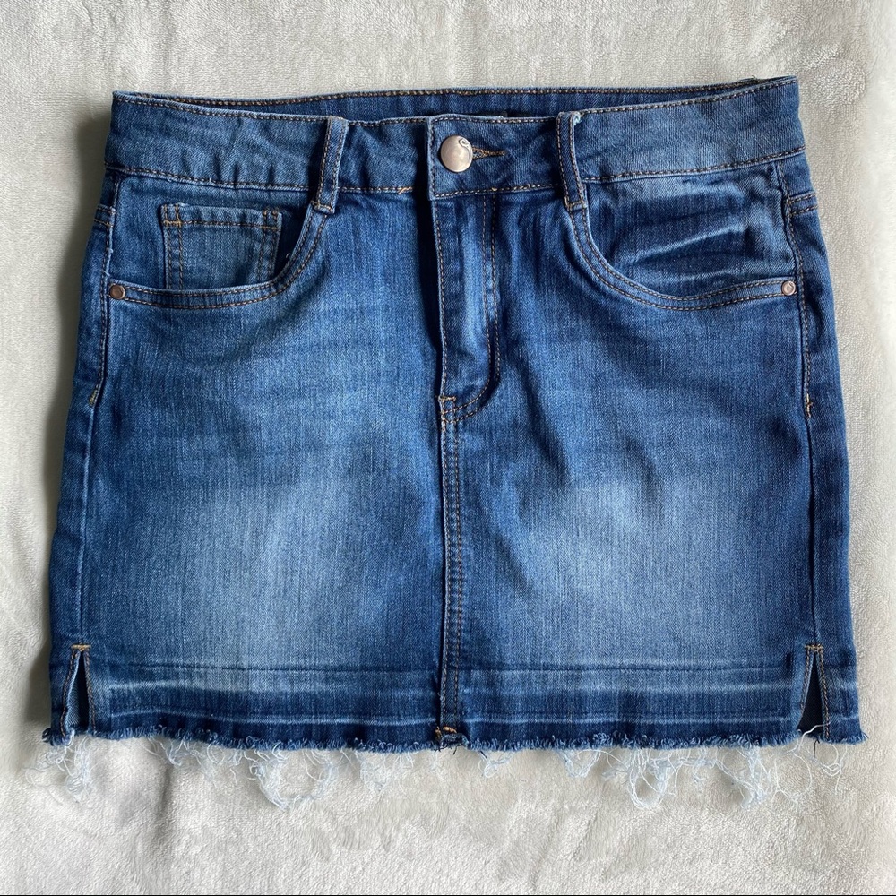 Denim Mini Skirt w/ Frayed Hem Dark to Light Wash
